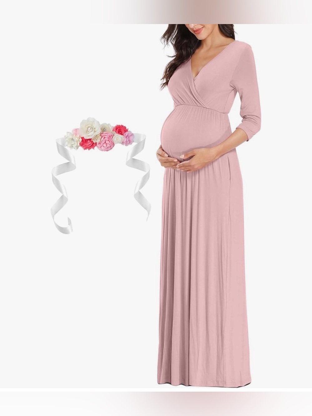 🌸 KIM S Maternity Maxi Dress-Flower Sash-Wrapped Ruched VNeck-Baby Shower Dress - Picture 2 of 6